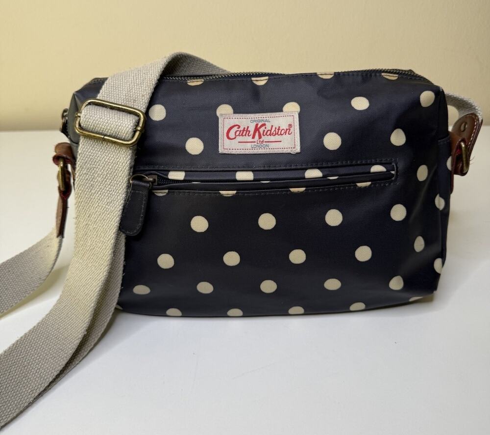 Cath Kidston Crossbody Blue Polka Dot Coated Cotton Zip Top Canvas Strap Bag